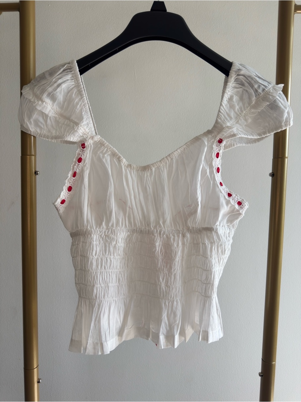 White Smocked Peasant Top with Red Eyelet Trim